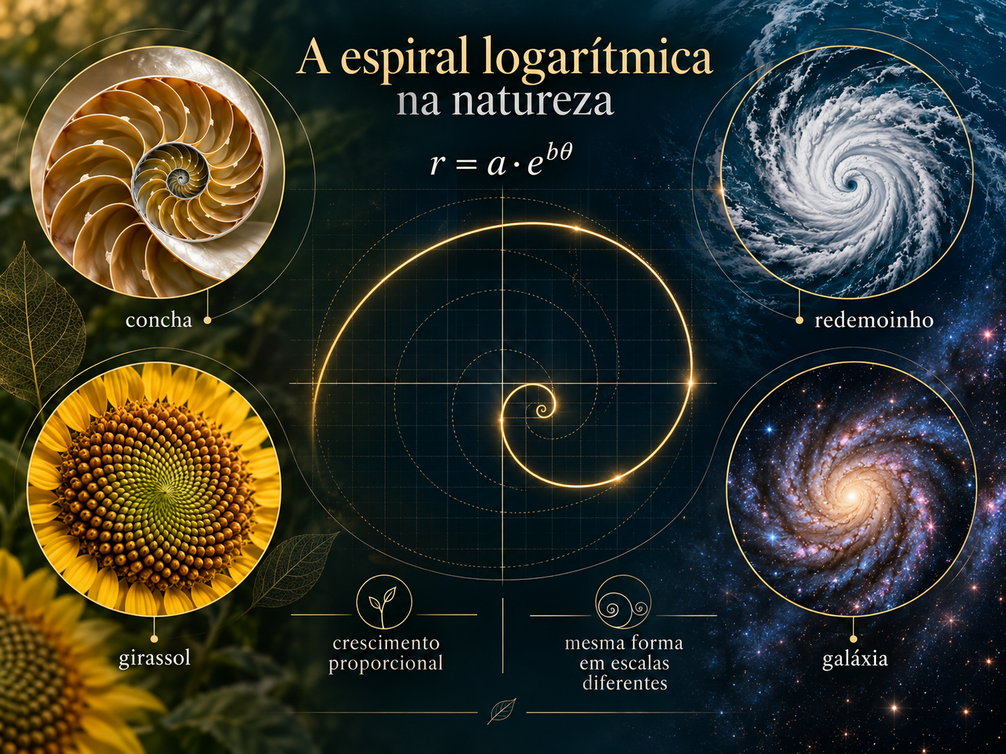 Infográfico sobre a espiral logarítmica na natureza com concha, girassol, redemoinho e galáxia.