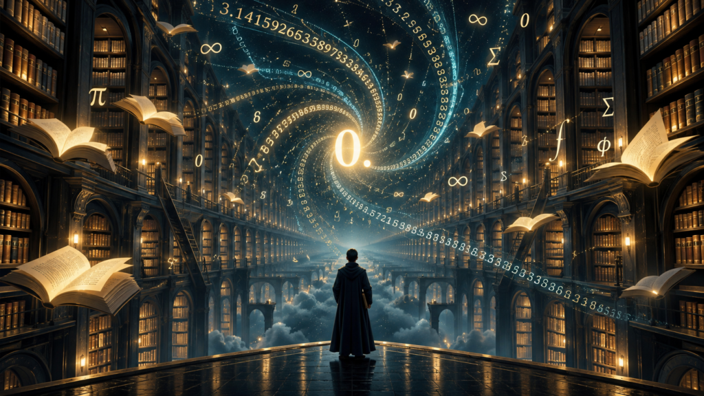 Biblioteca infinita atravessada por sequências numéricas e símbolos matemáticos, representando informação, infinito e conhecimento.