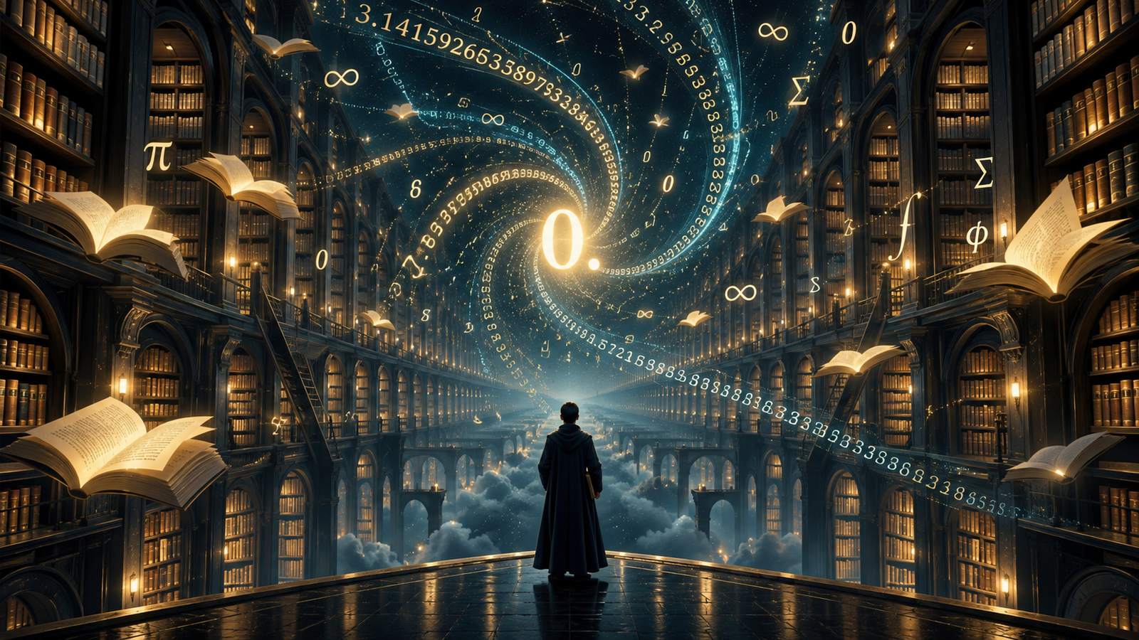 Biblioteca infinita atravessada por sequências numéricas e símbolos matemáticos, representando informação, infinito e conhecimento.