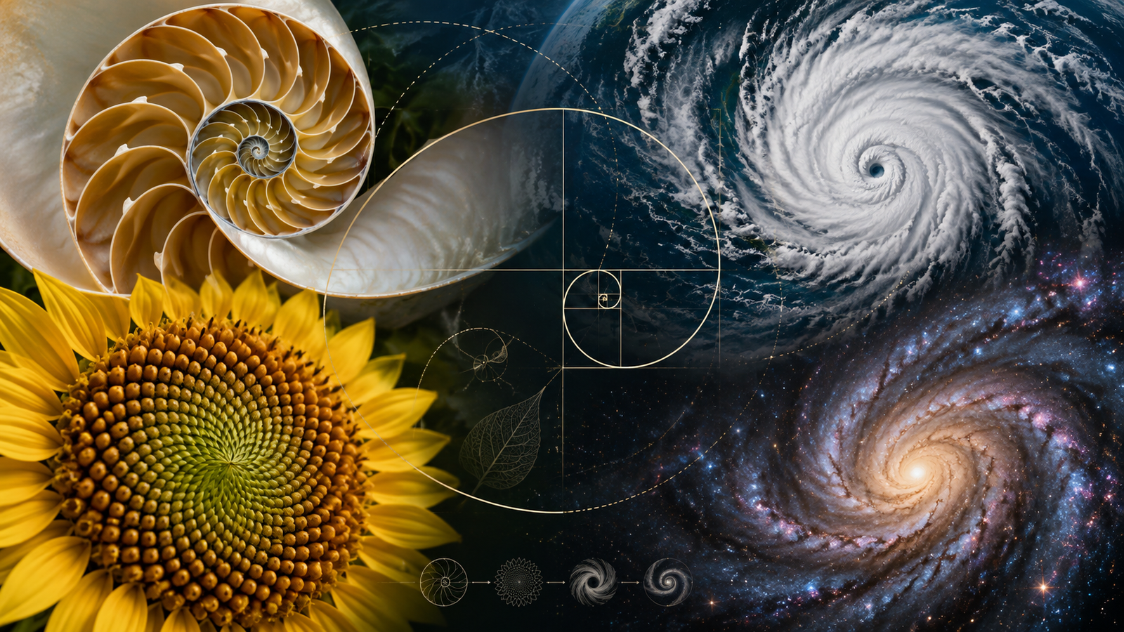 Composição visual de concha, girassol, ciclone e galáxia conectados por uma espiral matemática.