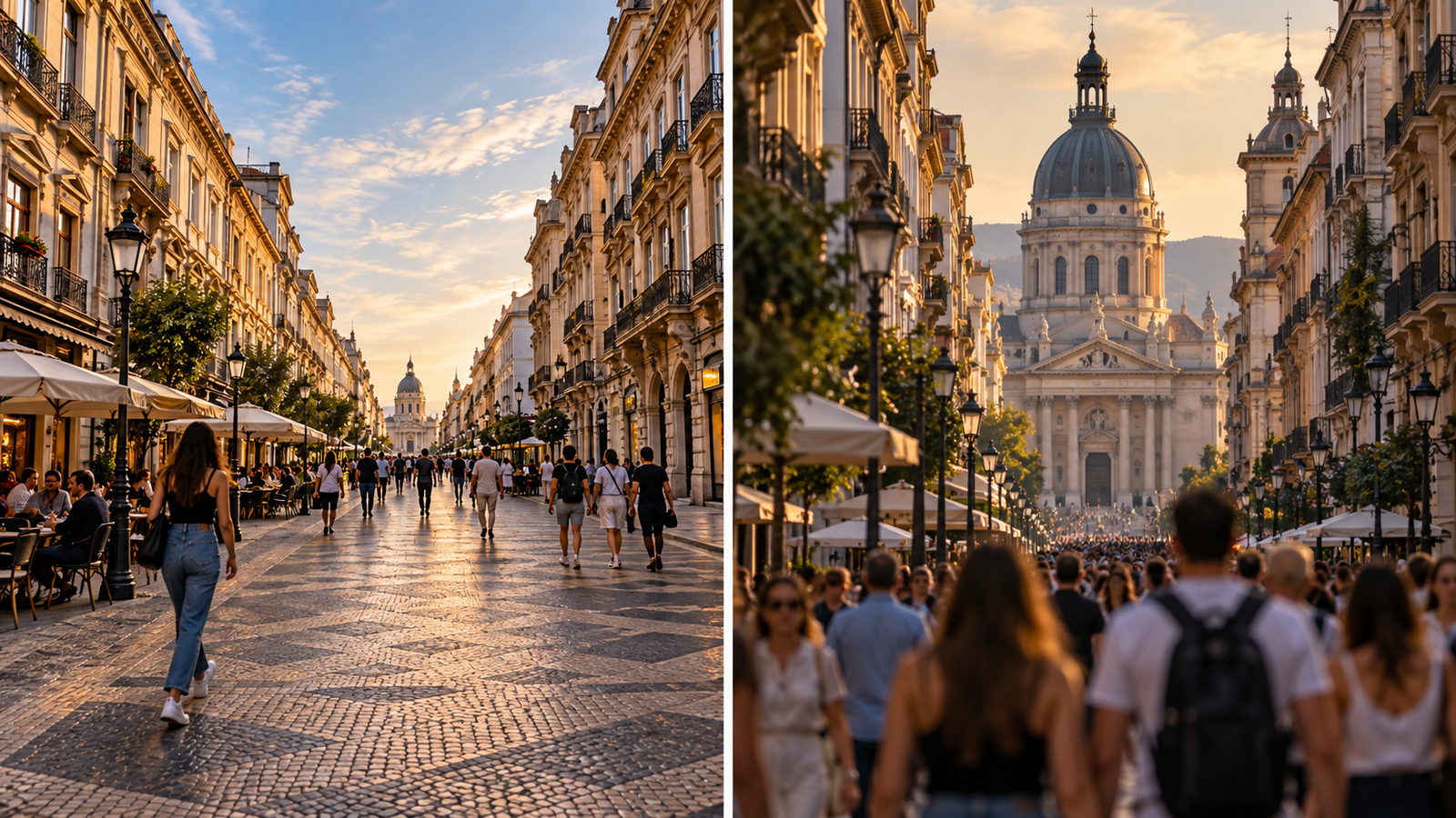 Comparação visual entre uma cena urbana com sensação de maior profundidade e outra com planos visualmente comprimidos