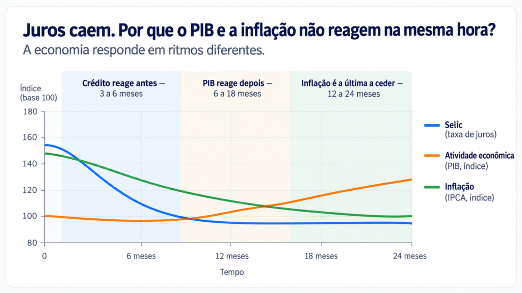 Gráfico mostrando que juros, atividade econômica e inflação reagem em ritmos diferentes ao longo do tempo.