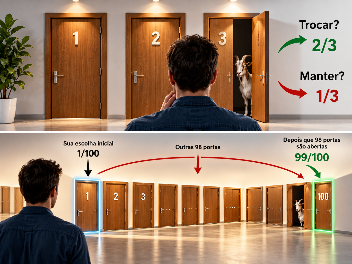 Infográfico claro explicando o problema de Monty Hall com três portas e sua generalização para cem portas.
