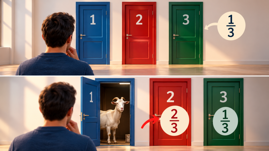Infográfico claro do problema de Monty Hall comparando as probabilidades de trocar ou manter a porta escolhida.