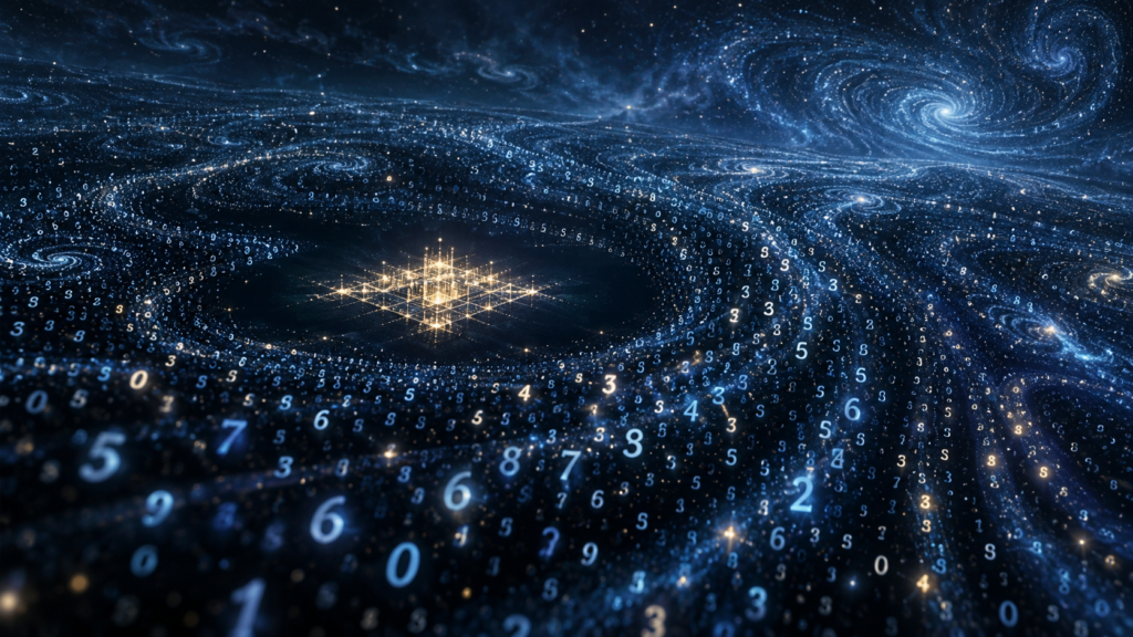 Vasto universo de números com uma pequena região estruturada iluminada, representando os números computáveis em meio aos números reais