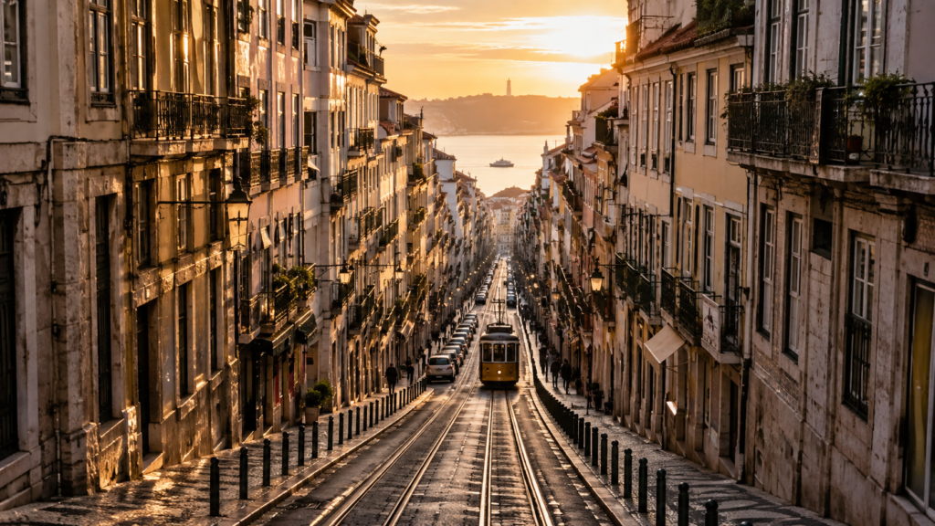 Rua em perspectiva com linhas convergentes que destacam profundidade e ponto de fuga