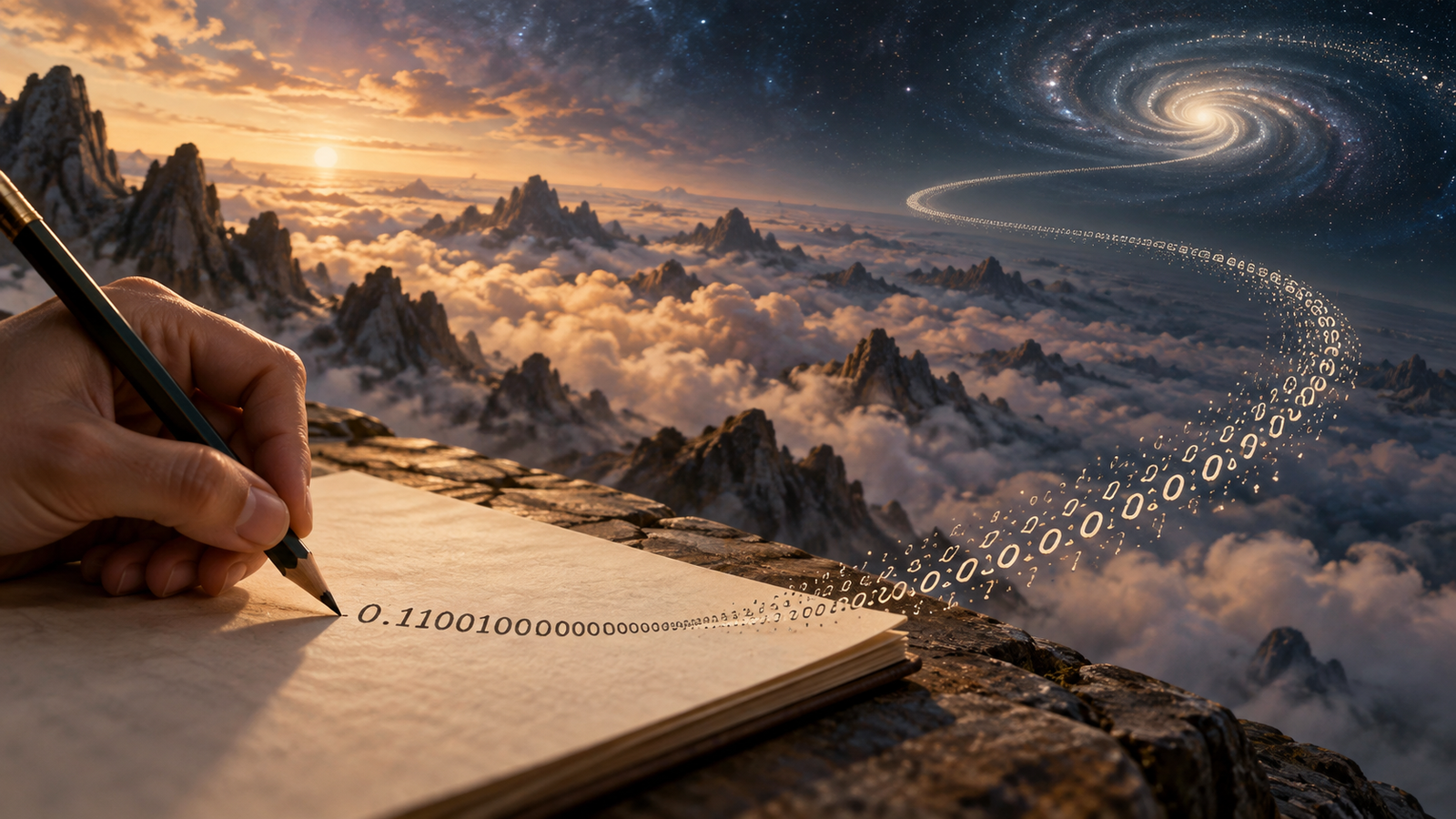 Mão escrevendo uma expansão decimal que continua além da página e se perde em um horizonte matemático infinito