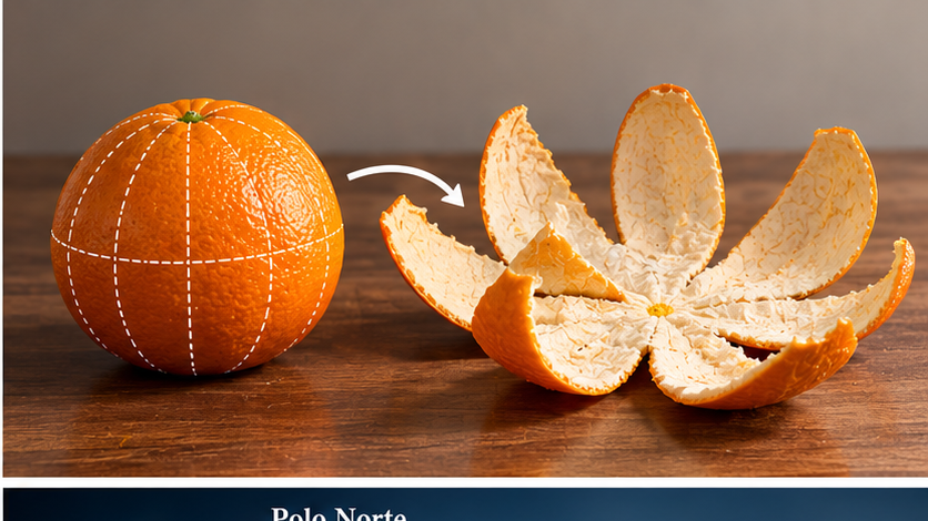 Casca de laranja aberta para demonstrar por que uma superfície esférica não pode ser achatada sem deformação