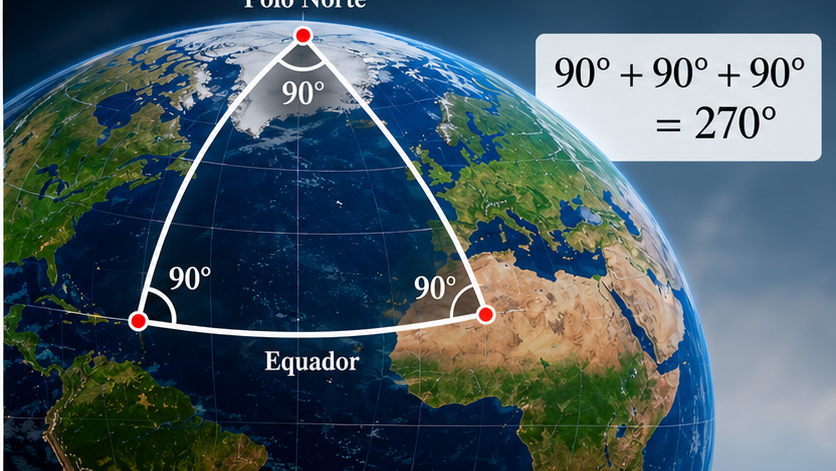Triângulo esférico com três ângulos de noventa graus e soma de 270 graus