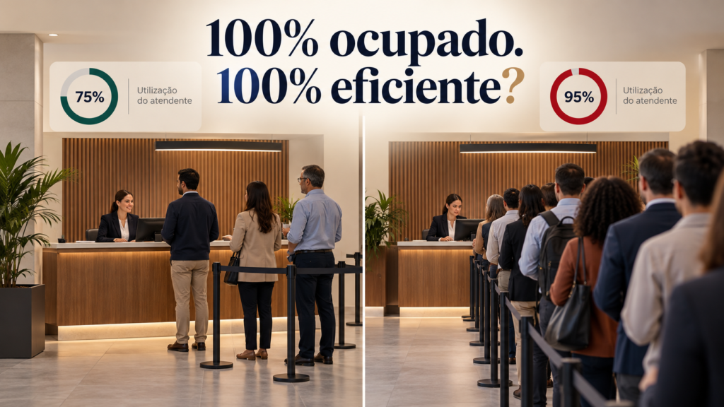 Comparação entre um atendimento com 75% de utilização e fila curta e outro com 95% de utilização e fila longa, ilustrando o impacto da saturação.