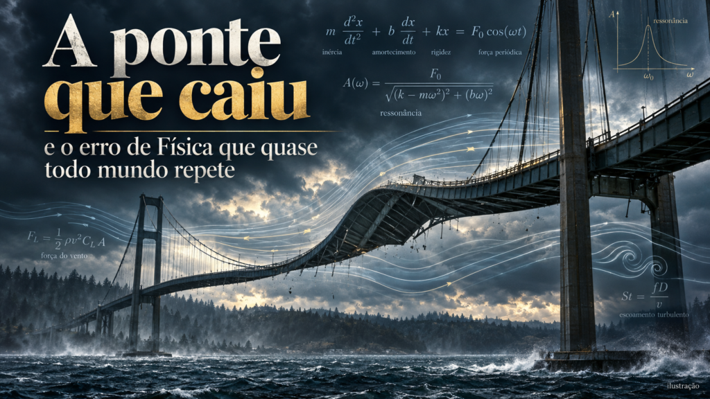 Ilustração da ponte de Tacoma Narrows em forte torção, com linhas de vento e equações de oscilações sobrepostas.