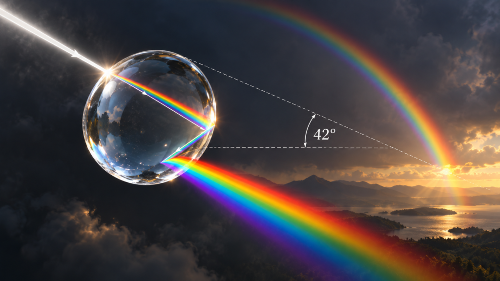Ilustração científica de uma gota de chuva refratando a luz solar e formando um arco-íris no ângulo de aproximadamente 42 graus