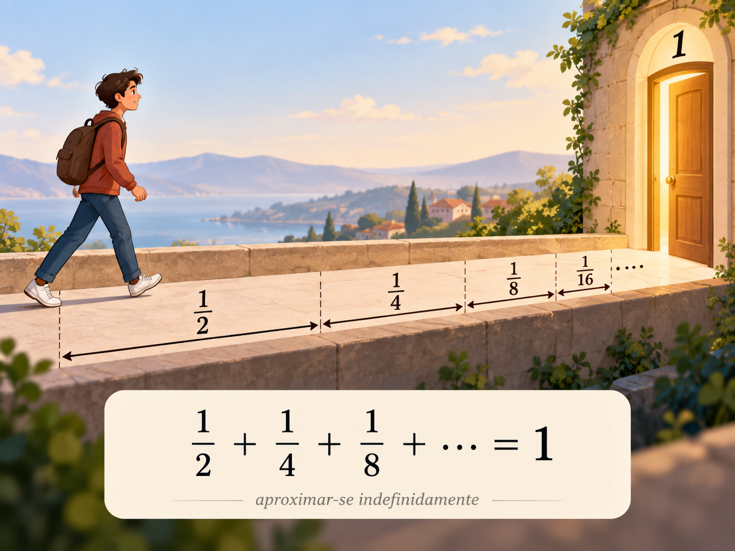 Pessoa caminhando até uma porta marcada com 1 por segmentos de 1/2, 1/4, 1/8 e 1/16, ilustrando uma série geométrica convergente