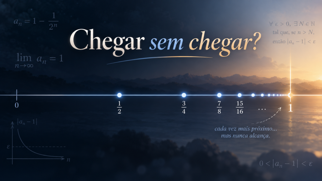 Ilustração de uma sequência matemática com pontos se aproximando de 1 sem alcançá-lo, representando limite e convergência