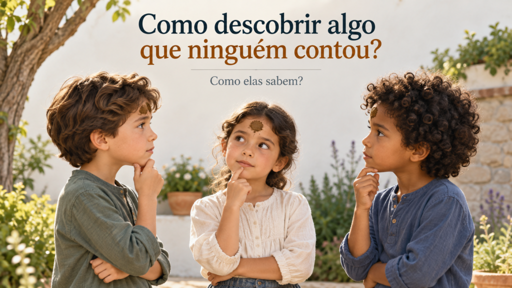 Três crianças com manchas de lama na testa observam umas às outras, ilustrando um problema de lógica epistêmica e conhecimento comum.