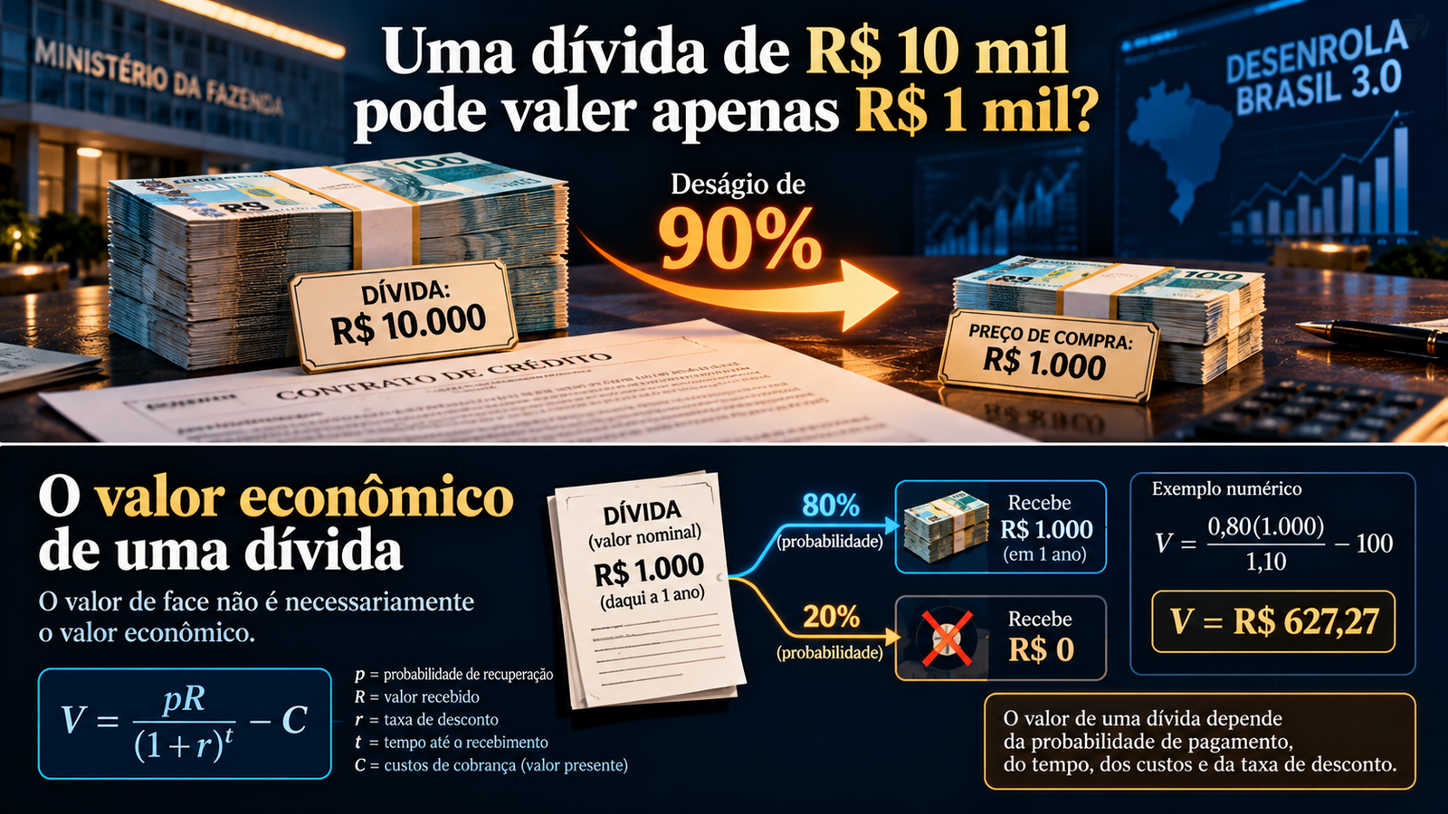 Infográfico de deságio de 90% na compra de dívidas e cálculo de valor presente com probabilidades