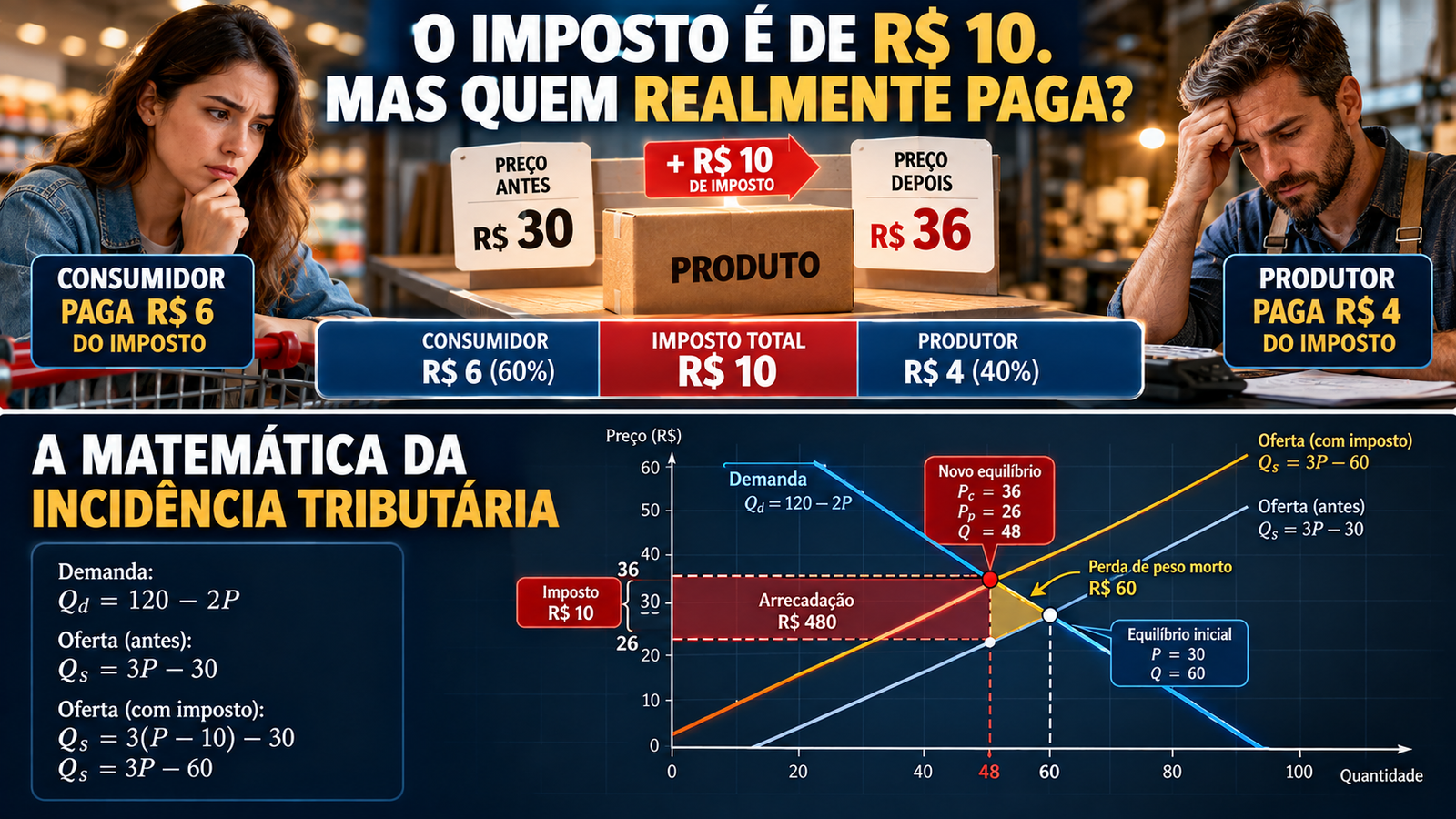 Infográfico ilustrativo com curvas de oferta e demanda, arrecadação tributária e perda de peso morto
