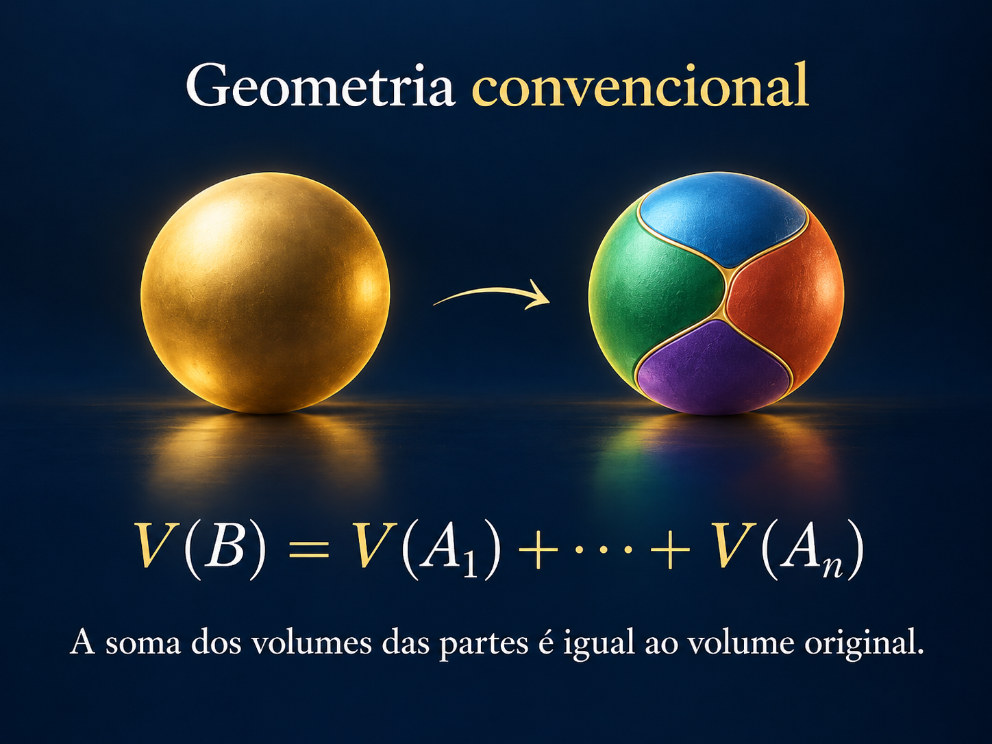 Ilustração de uma esfera dividida em partes mensuráveis, destacando que a soma dos volumes das partes é igual ao volume original.
