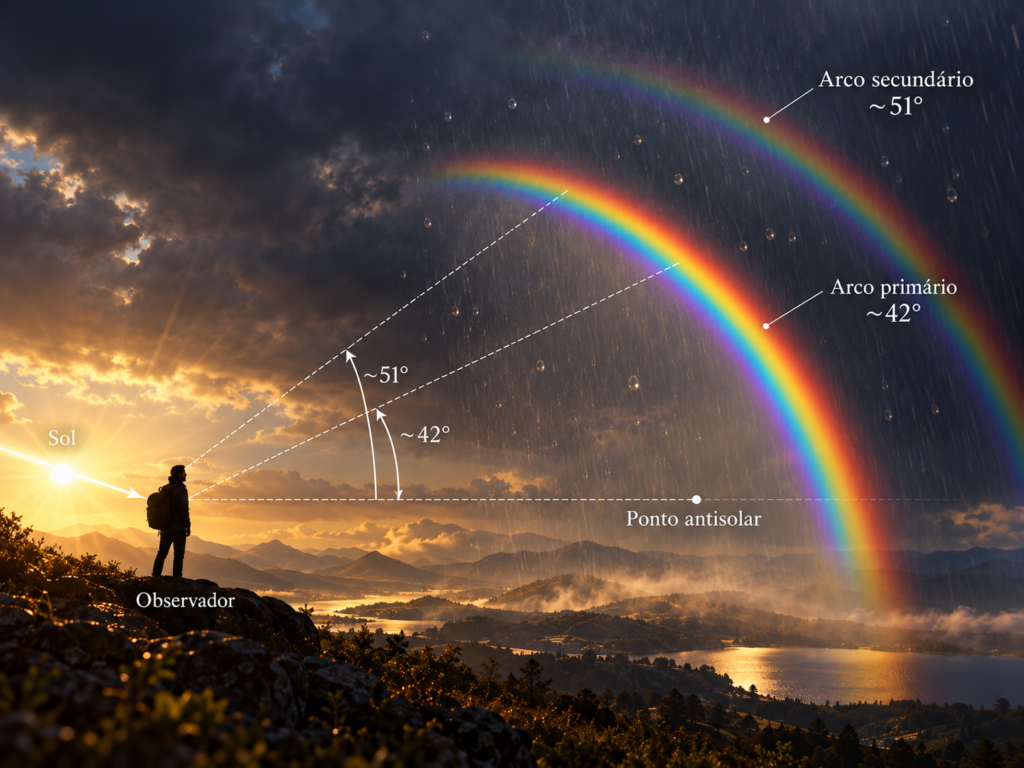 Geometria do arco-íris vista por um observador, mostrando o ponto antisolar, o arco primário em cerca de 42 graus e o secundário em cerca de 51 graus