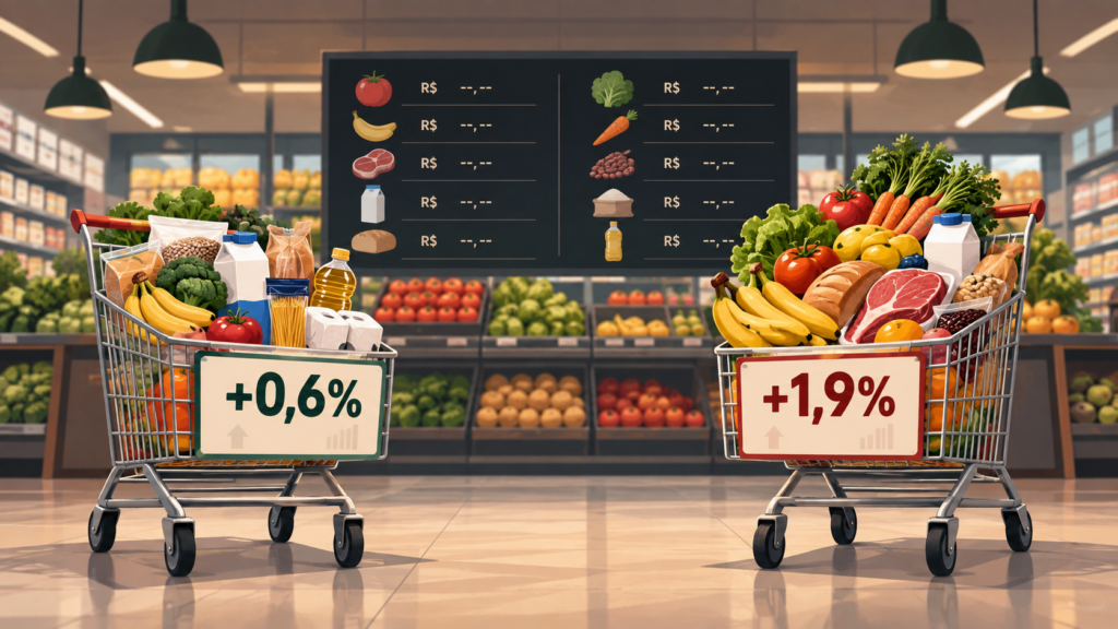 Dois carrinhos de supermercado com cestas de consumo diferentes e taxas de inflação de 0,6% e 1,9%.