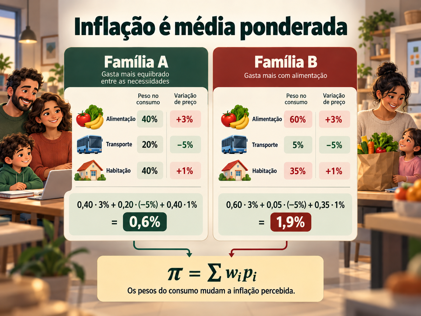 Infográfico comparando duas famílias com pesos diferentes de alimentação, transporte e habitação, mostrando inflação de 0,6% e 1,9%.
