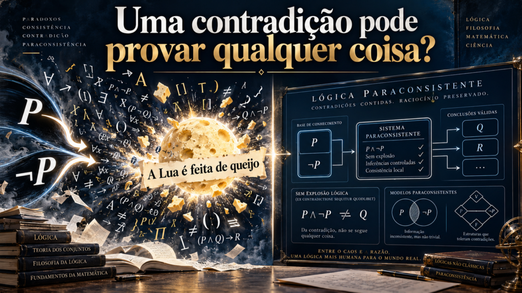 Ilustração didática sobre contradição, princípio da explosão e lógica paraconsistente.