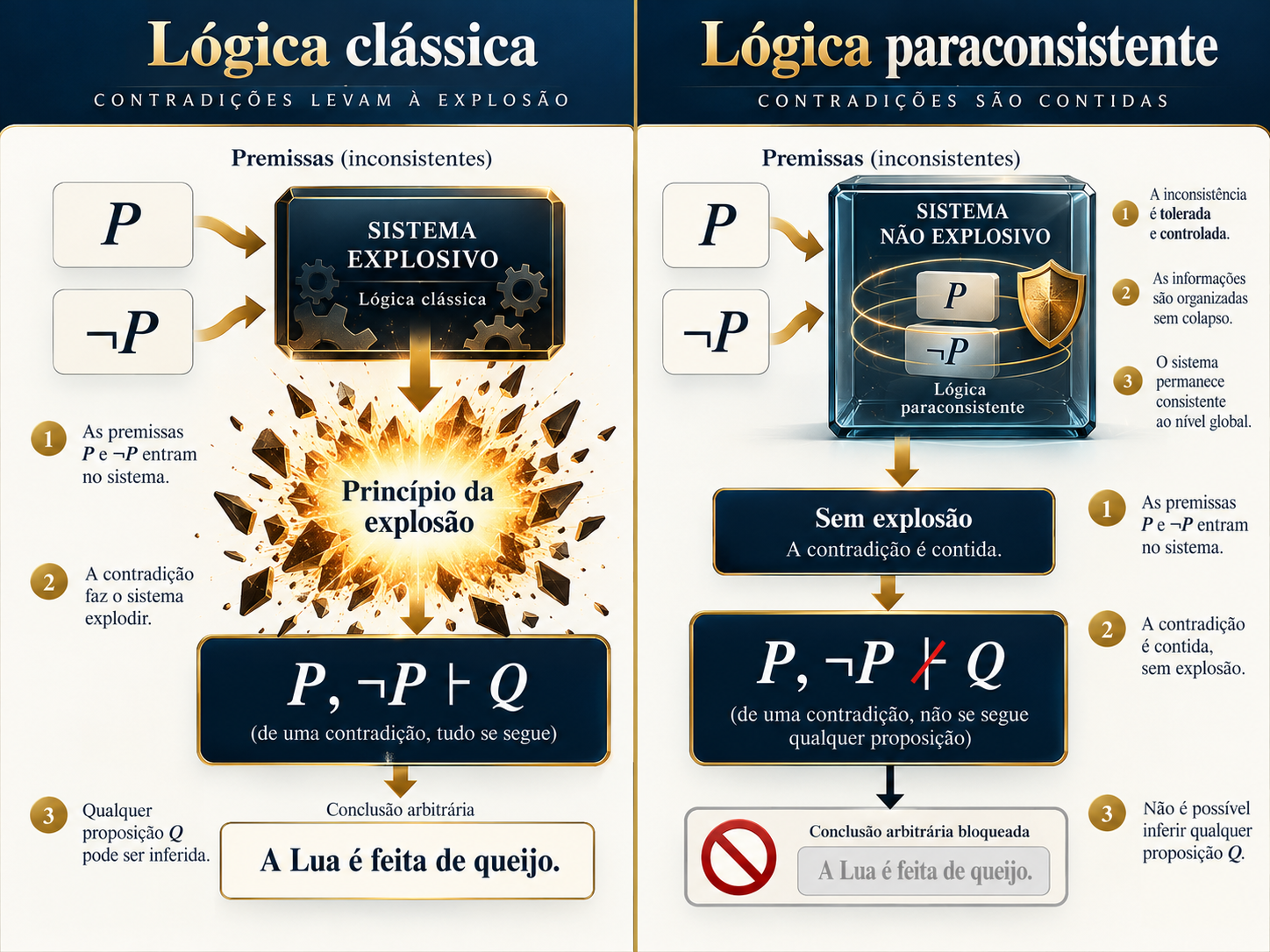 Ilustração didática sobre contradição, princípio da explosão e lógica paraconsistente.
