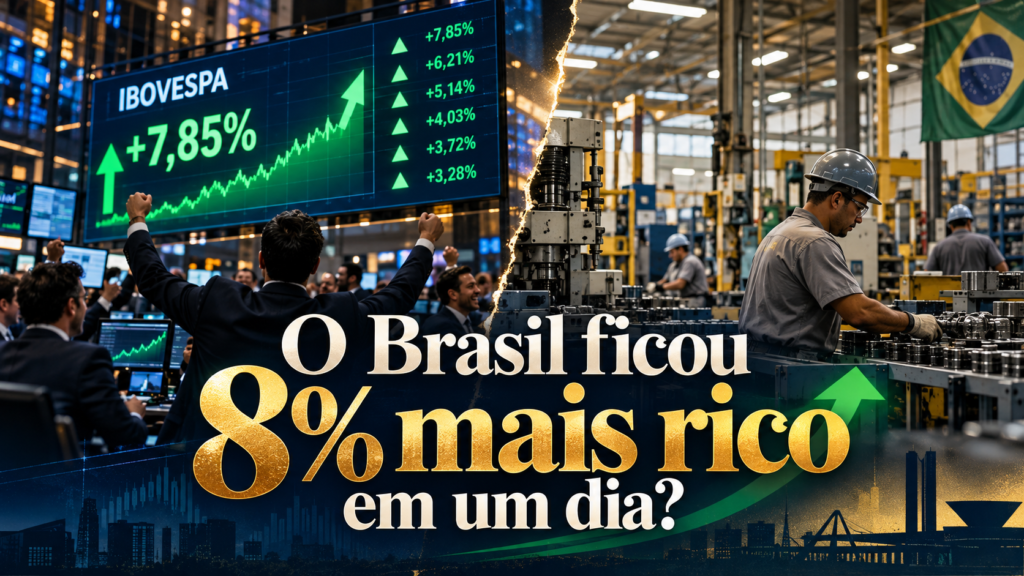 Composição dividida entre o mercado financeiro com o Ibovespa em forte alta e uma fábrica brasileira, contrastando valorização financeira e produção real.
