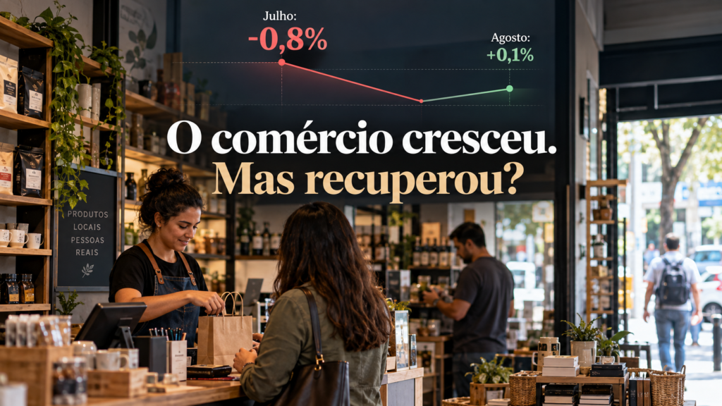 Pequeno comércio brasileiro com indicadores de julho em queda de 0,8% e agosto em alta de 0,1%, destacando que crescer não significa necessariamente recuperar.