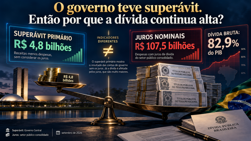 Infográfico sobre superávit primário do Governo Central de R$ 4,8 bilhões e juros nominais do setor público consolidado de R$ 107,5 bilhões em setembro de 2026