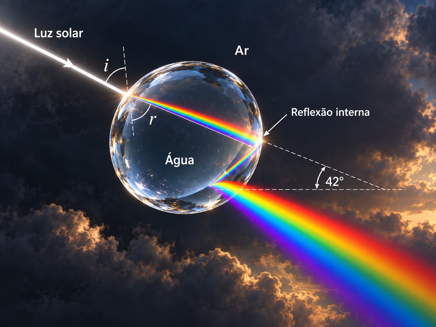 Diagrama da refração, reflexão interna e dispersão da luz em uma gota de chuva, com os ângulos de incidência e refração