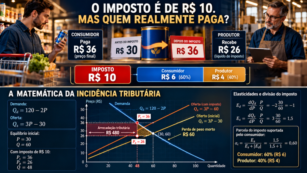 Consumidor paga R$ 36, produtor recebe R$ 26, e R$ 10 de imposto são divididos economicamente em R$ 6 e R$ 4