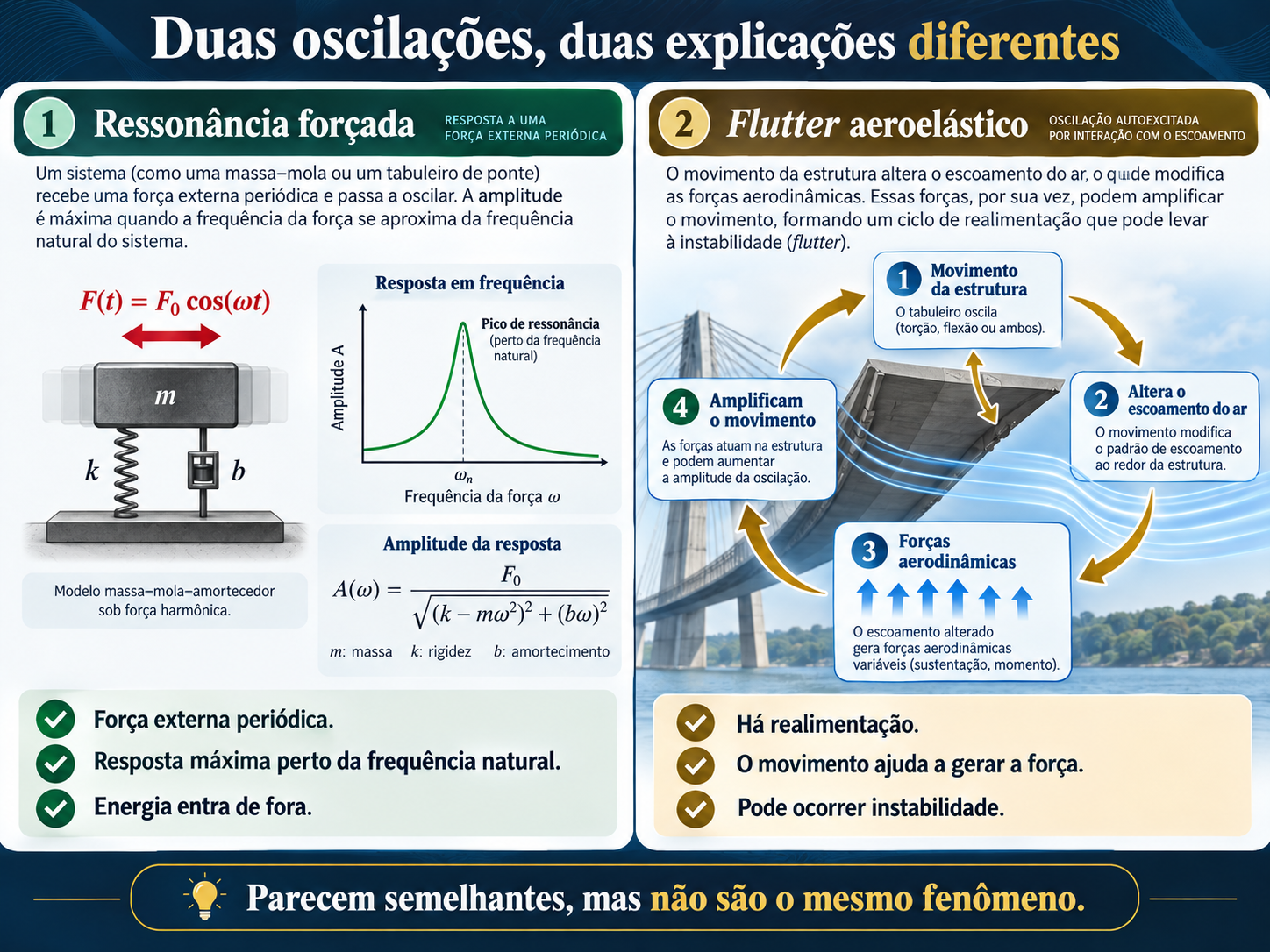 Infográfico comparando ressonância forçada e flutter aeroelástico, destacando força periódica externa e realimentação entre movimento e escoamento.