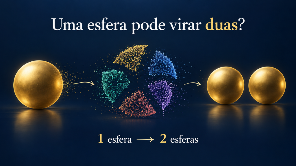 Ilustração do paradoxo de Banach–Tarski mostrando uma esfera sendo decomposta em cinco conjuntos de pontos e reorganizada em duas esferas.