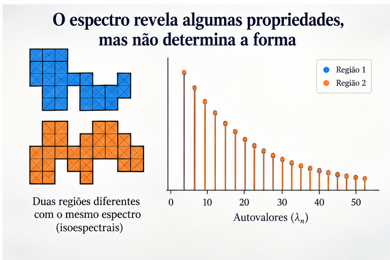 Ilustração conceitual de regiões planas diferentes com o mesmo espectro de autovalores