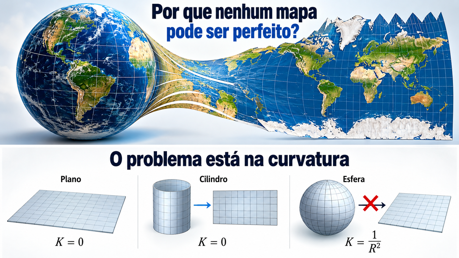 Comparação de curvaturas do plano, cilindro e esfera, e transformação do globo em mapa
