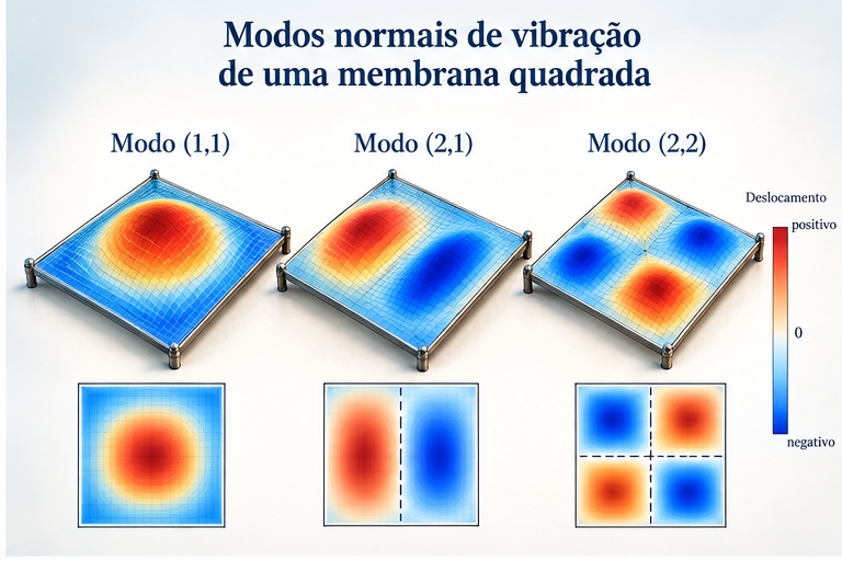 Três modos normais de vibração de uma membrana quadrada: 1 1, 2 1 e 2 2